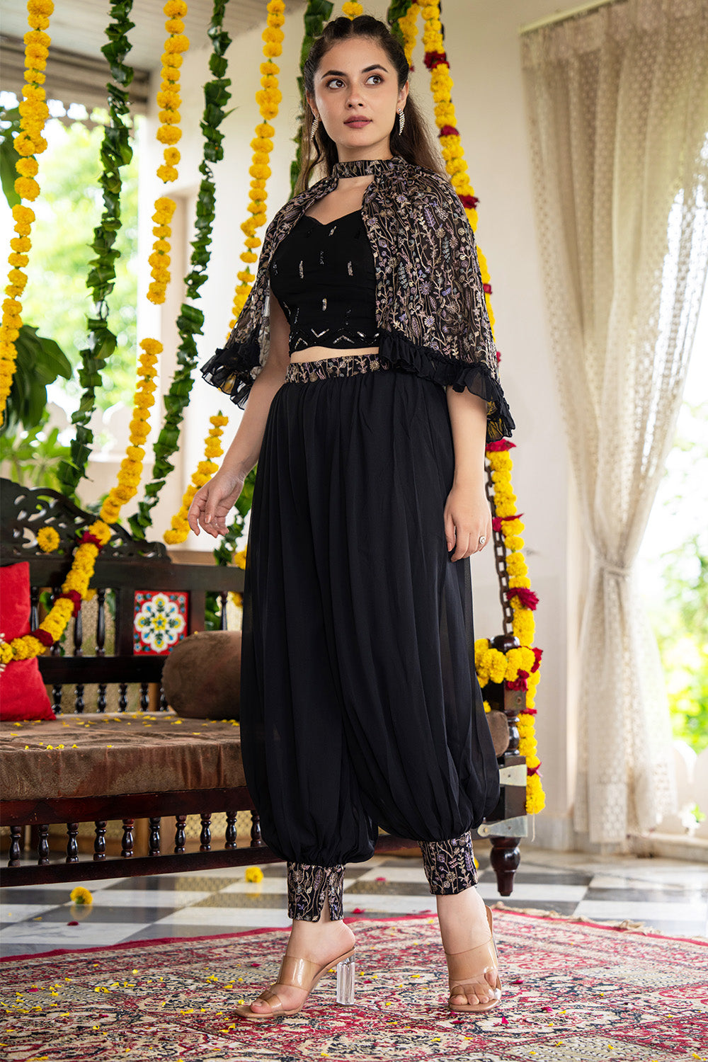 Black Color Georgette Embroidered Crop-top Set With Jacket