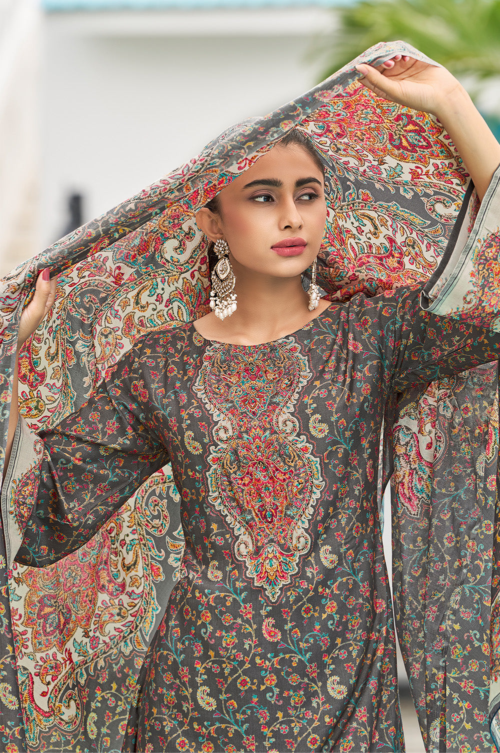 Grey Muslin Floral Printed Unstitched Suit Material