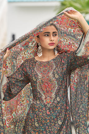 Grey Muslin Floral Printed Unstitched Suit Material