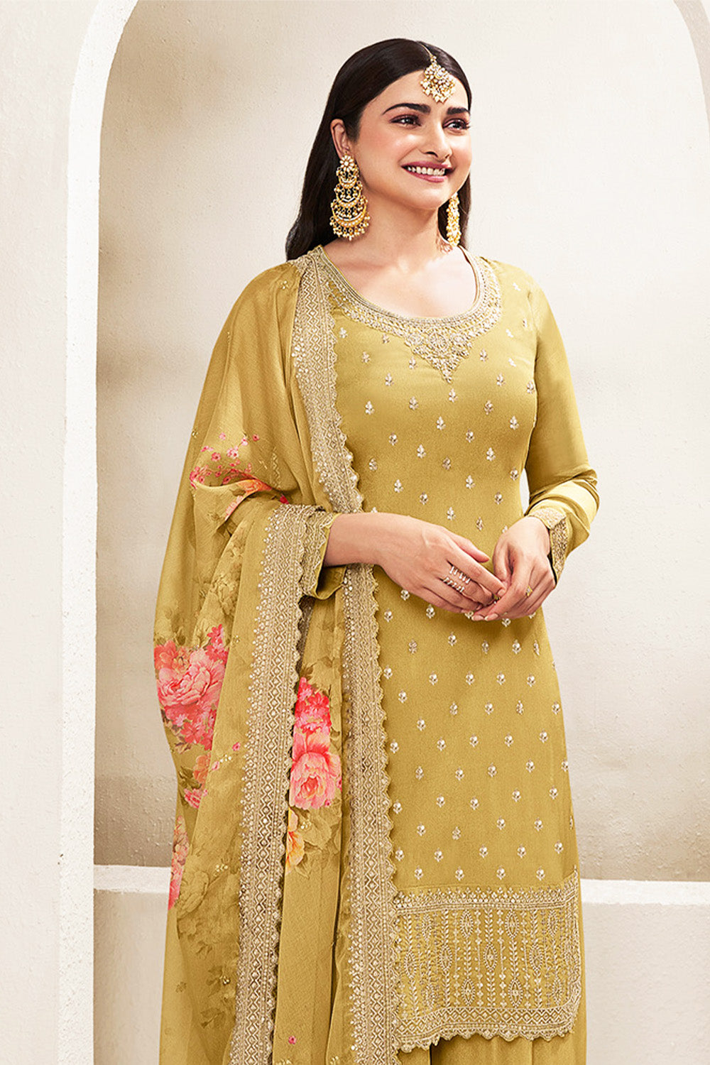Olive Green Color Georgette Embroidered Unstitched Suit Material With Palazzo