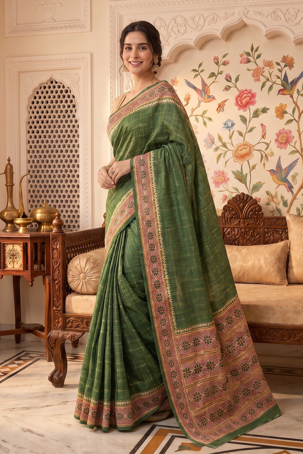 Green Tussar Silk Printed And Zari Taar Woven Saree