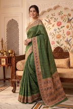 Green Tussar Silk Printed And Zari Taar Woven Saree