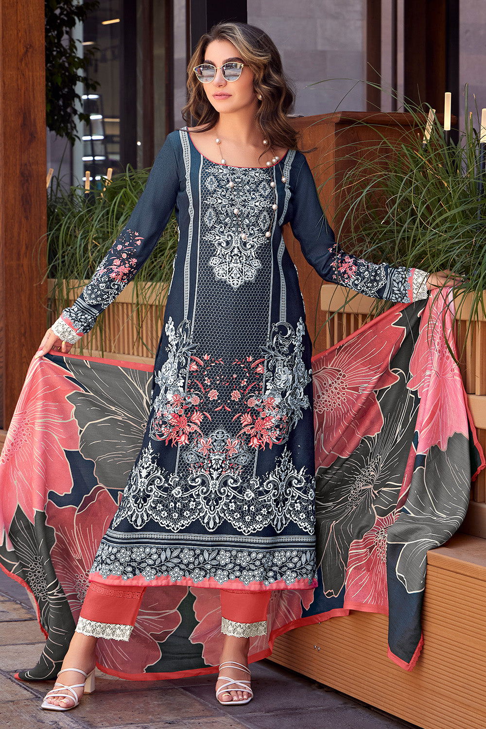 Midnight Indigo & Coral Color Spun Printed Unstitched Suit Fabric