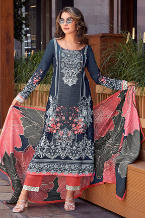 Midnight Indigo & Coral Color Spun Printed Unstitched Suit Fabric