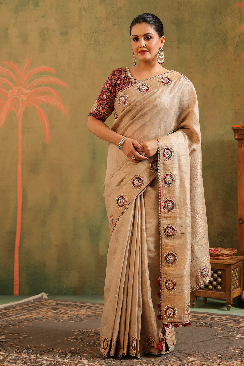 Beige Pure Tussar Embroidered Saree