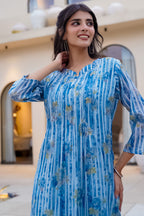 Blue Floral Printed Muslin Kurta Set