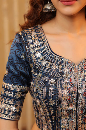 Black & Blue Pure Mulberry Silk Printed And Embroidered Saree