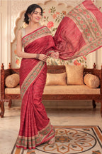 Deep Cherry Tussar Silk Printed And Zari Taar Woven Saree