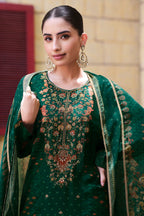 Bottle Green Silk Printed And Zardosi Work Unstitched Suit Material