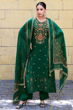 Bottle Green Silk Printed And Zardosi Work Unstitched Suit Material