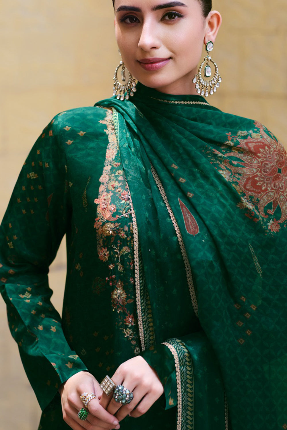 Bottle Green Silk Printed And Zardosi Work Unstitched Suit Material