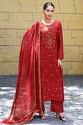 Red Silk Printed And Zardosi Work Unstitched Suit Material