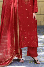 Red Silk Printed And Zardosi Work Unstitched Suit Material
