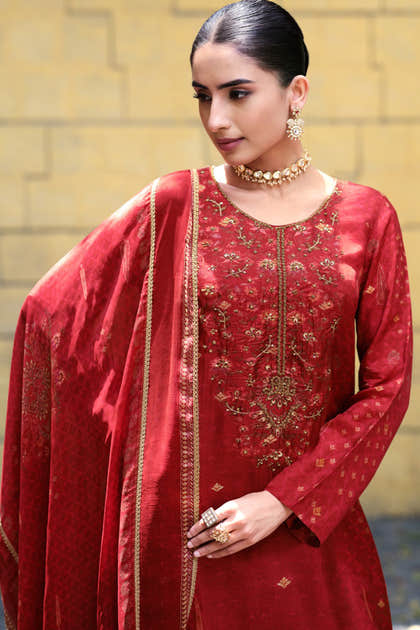 Red Silk Printed And Zardosi Work Unstitched Suit Material