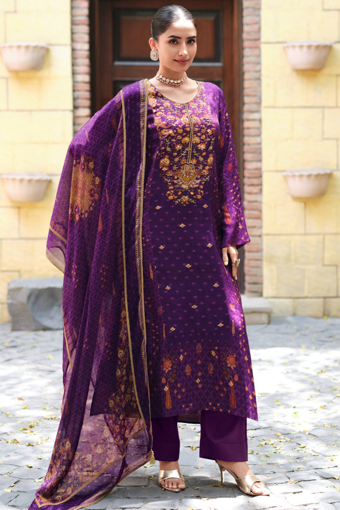 Purple Silk Printed And Zardosi Work Unstitched Suit Material