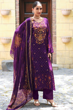 Purple Silk Printed And Zardosi Work Unstitched Suit Material