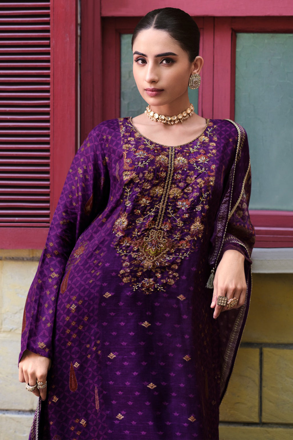 Purple Silk Printed And Zardosi Work Unstitched Suit Material