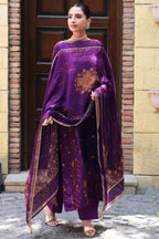 Purple Silk Printed And Zardosi Work Unstitched Suit Material