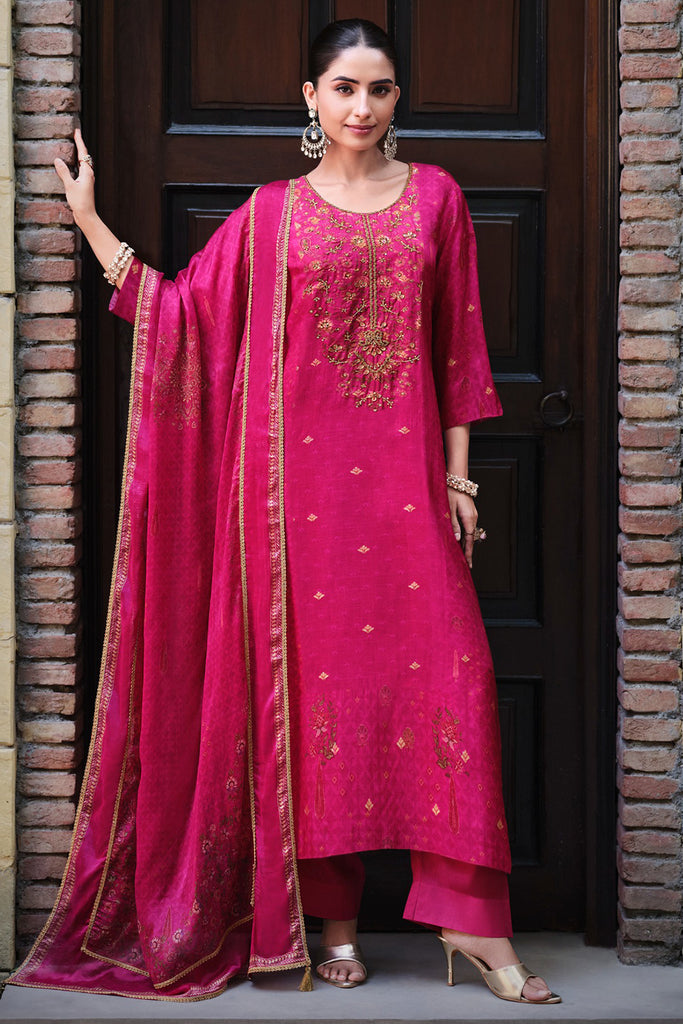 Rani Silk Printed And Zardosi Work Unstitched Suit Material