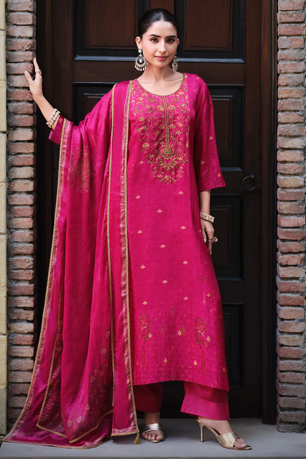 Rani Silk Printed And Zardosi Work Unstitched Suit Material