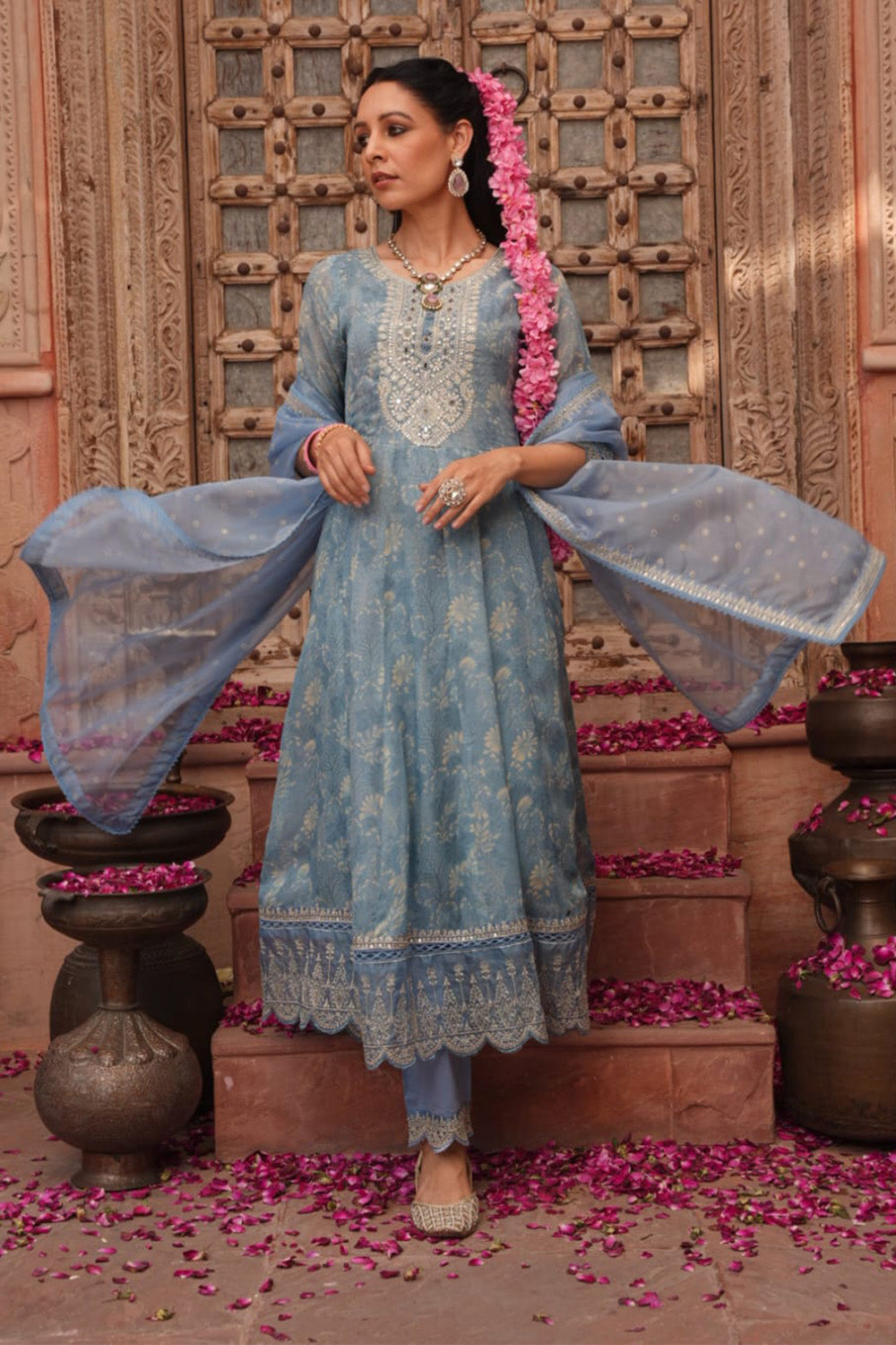 Cerulean Blue Color Organza Floral Printed Anarkali Suit Set