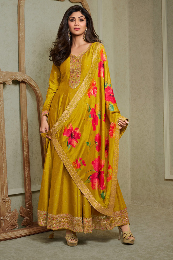 Mustard Color Silk Embroidered Anarkali Kurti