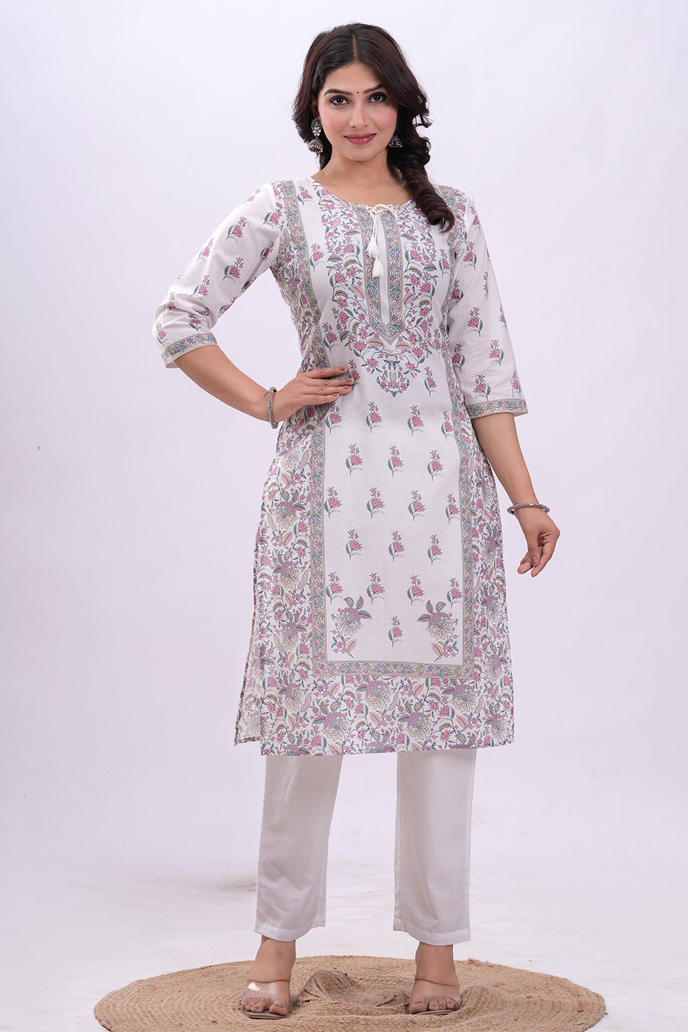 Pink & Cream Color Cotton Floral Printed Straight Suit