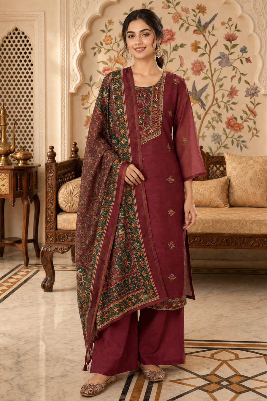 Light Maroon Chanderi Silk Printed Suit