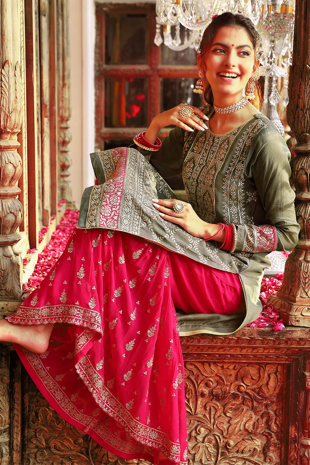 Olive Green Georgette Embroidered Suit with Gharara