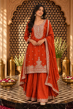 Rust Crepe Silk Embroidered Suit With Sharara