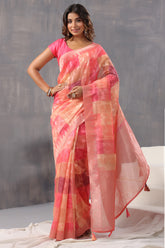 Coral Color Organza Woven Saree