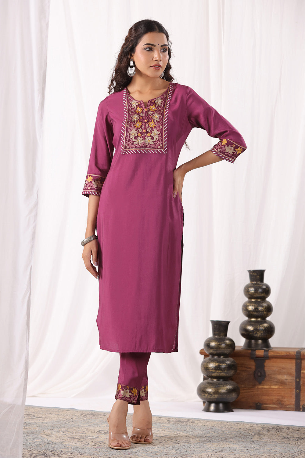 Dark Scarlet Color Muslin Suit With Brasso Dupatta