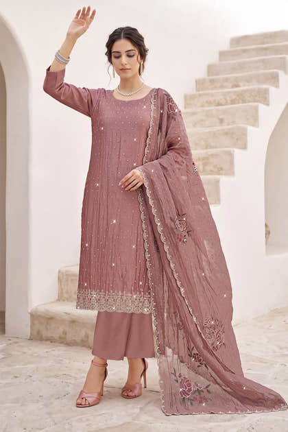 Dusty Pink Organza Resham Embroidered Unstitched Suit Material