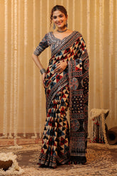 Navy & Beige Printed And Embroidered Pure Mulberry Silk Saree