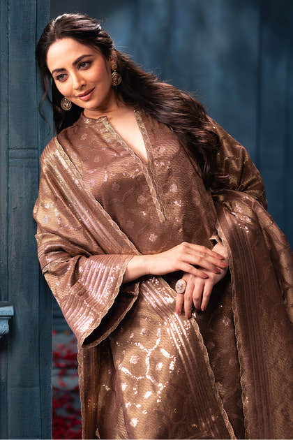 Brown Pure Metallic Tissue Sequins Embroidered Suit
