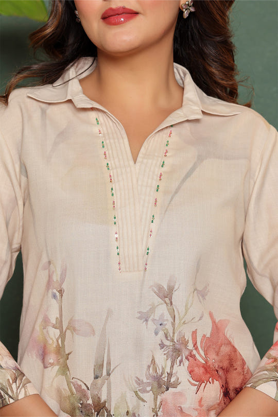 Cream Color  Khadi Cotton Printed Co-Ord Set