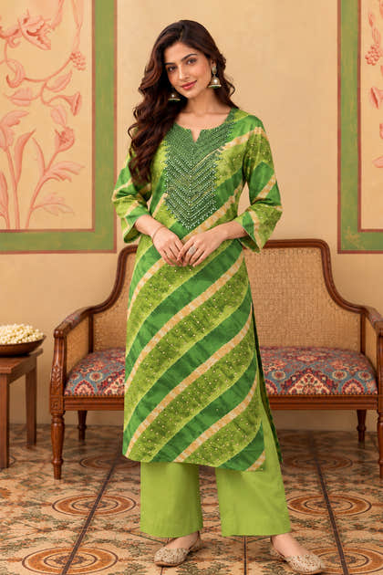 Green Muslin Printed And Mirror Work Kurta Set