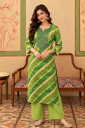 Green Muslin Printed And Mirror Work Kurta Set