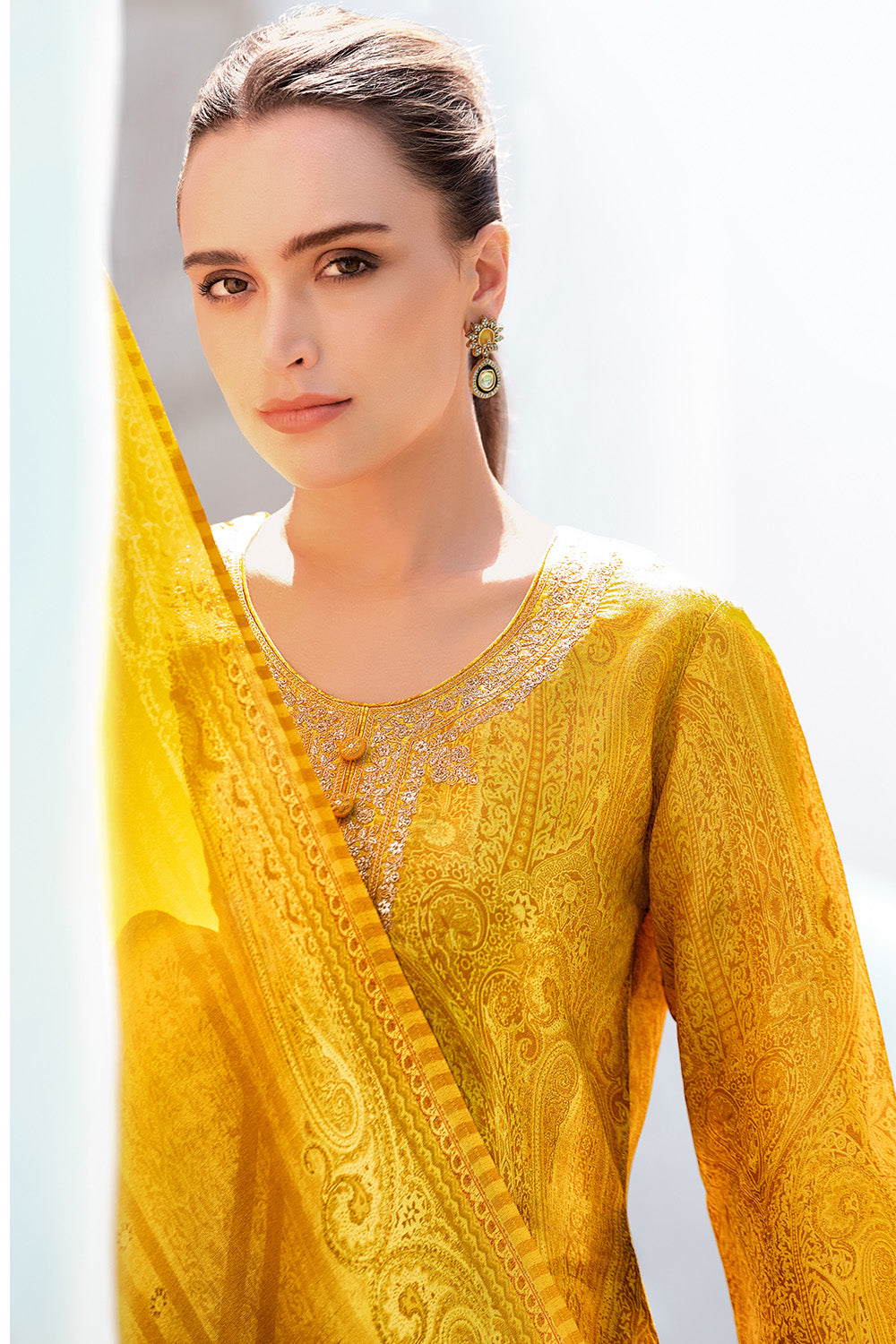 Mustard Color Mantellic Tissue Neck Embroidered Unstitched Suit