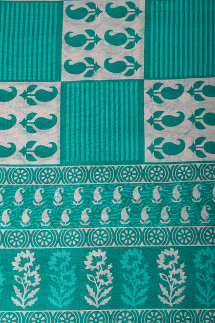 Cream & Teal Cotton Dabu Block Print Unstitched Suit Material