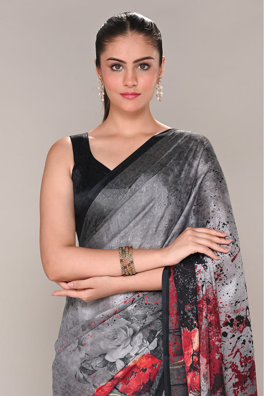 Grey Color Jacquard Silk Printed Saree