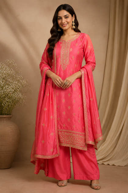 Peach Woven And Embroidered Silk Suit