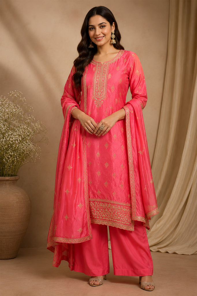 Peach Woven And Embroidered Silk Suit