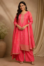 Peach Woven And Embroidered Silk Suit