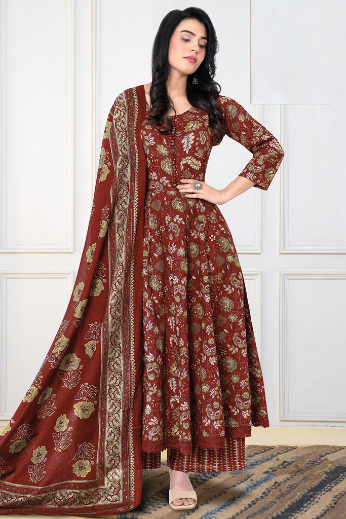 Maroon Cotton Floral Printed Anarkali Suit Set