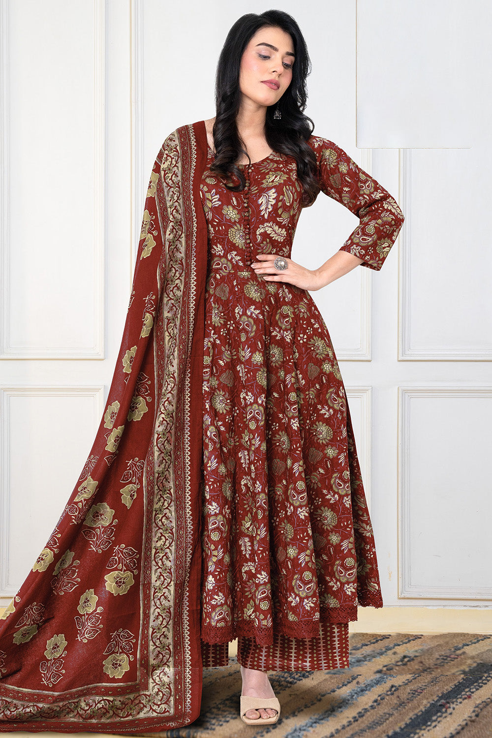 Maroon Cotton Floral Printed Anarkali Suit Set