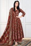 Maroon Cotton Floral Printed Anarkali Suit Set
