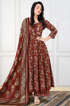 Maroon Cotton Floral Printed Anarkali Suit Set