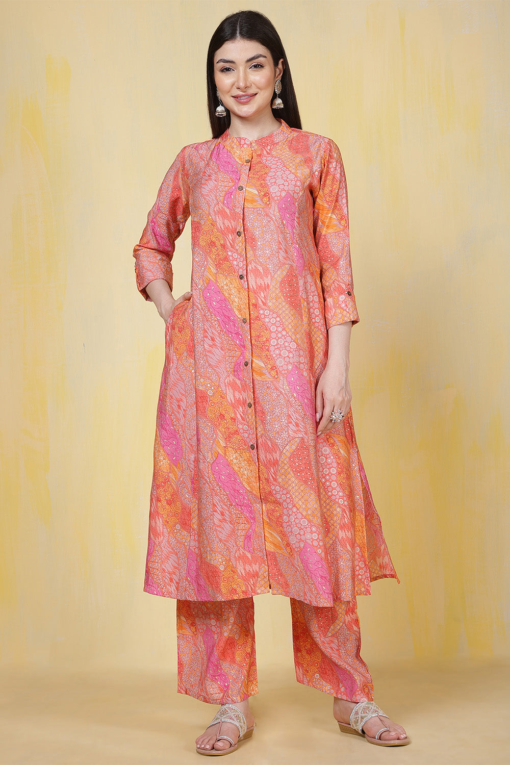 Orange Cotton Printed Long Kurta Set