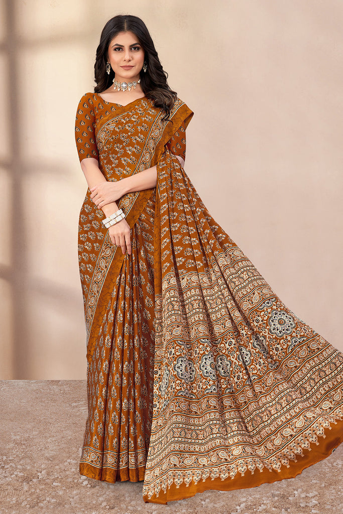 Brown Soft Georgette Floral Printed Saree